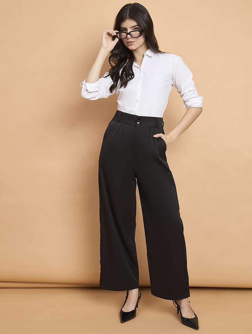 women solid high rise wide leg trouser - 22178968 -  Standard Image - 4