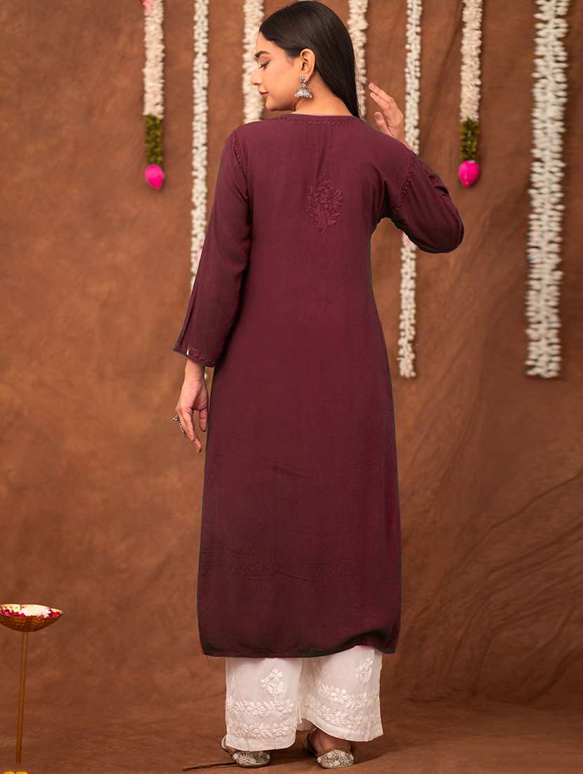 women solid with work long sleeve chikankari straight kurta - 22178978 -  Standard Image - 1