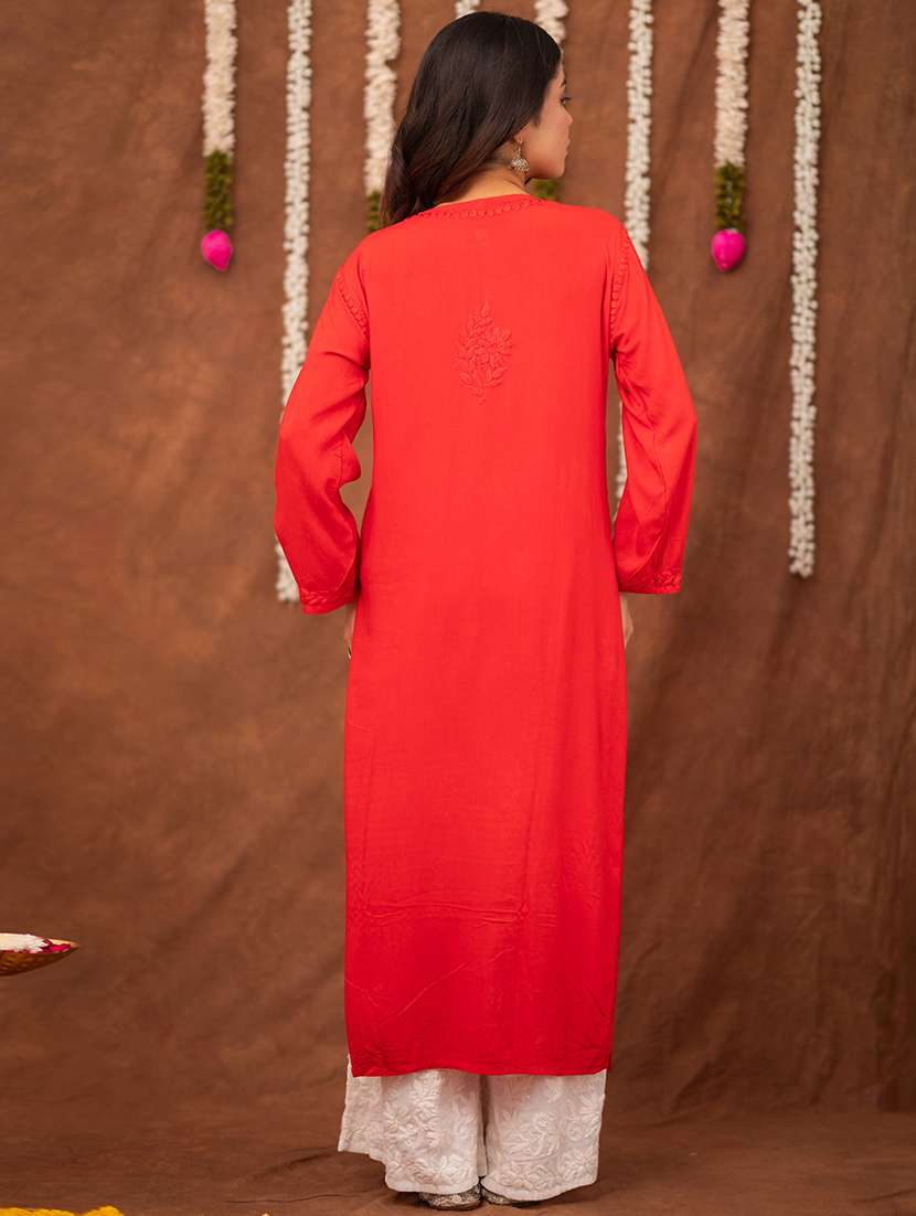 women solid with work long sleeve chikankari straight kurta - 22178979 -  Standard Image - 1