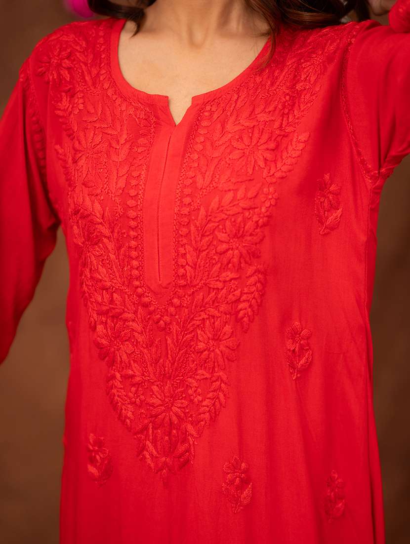 women solid with work long sleeve chikankari straight kurta - 22178979 -  Standard Image - 4
