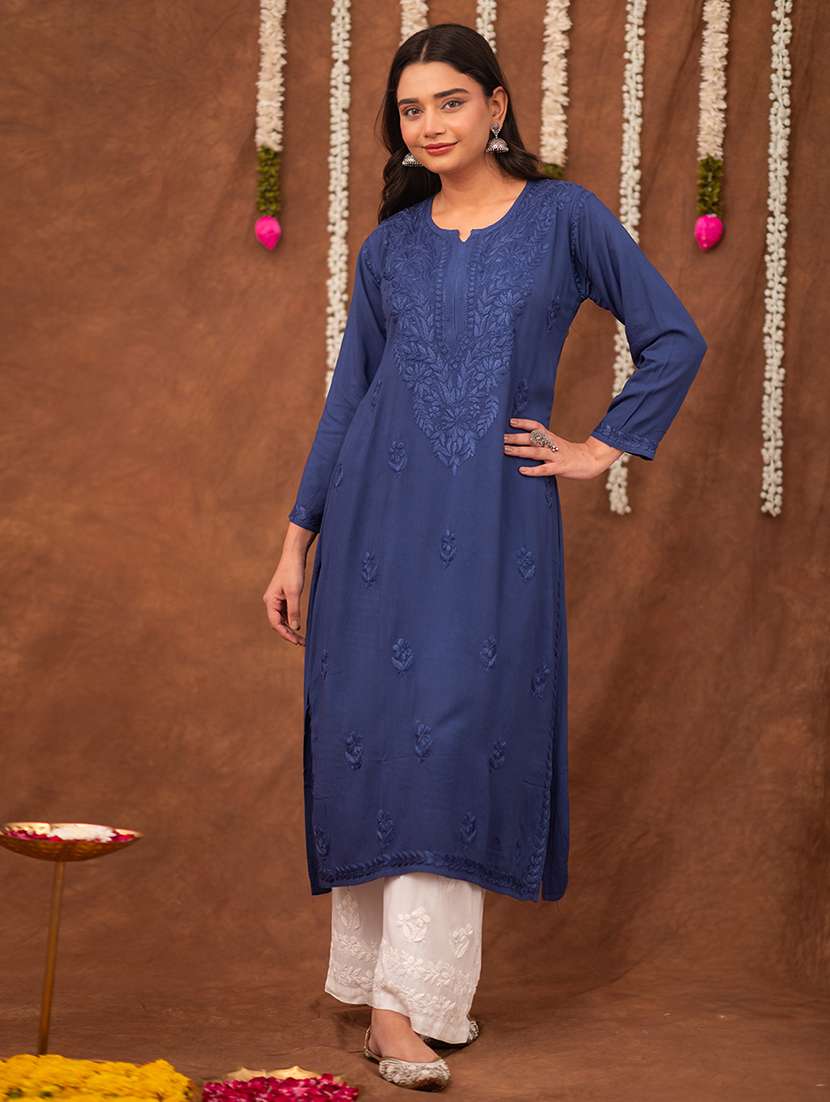 women solid with work long sleeve chikankari straight kurta - 22178980 -  Standard Image - 1
