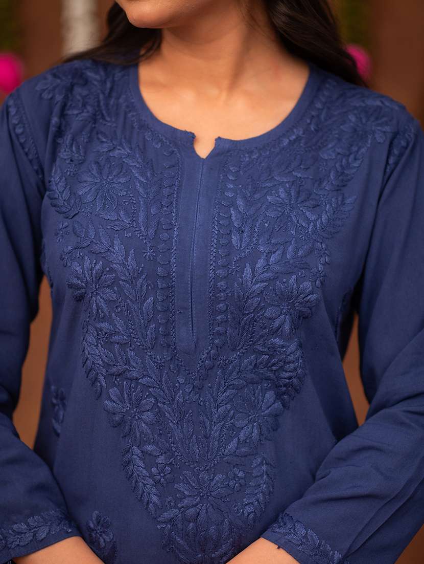 women solid with work long sleeve chikankari straight kurta - 22178980 -  Standard Image - 4