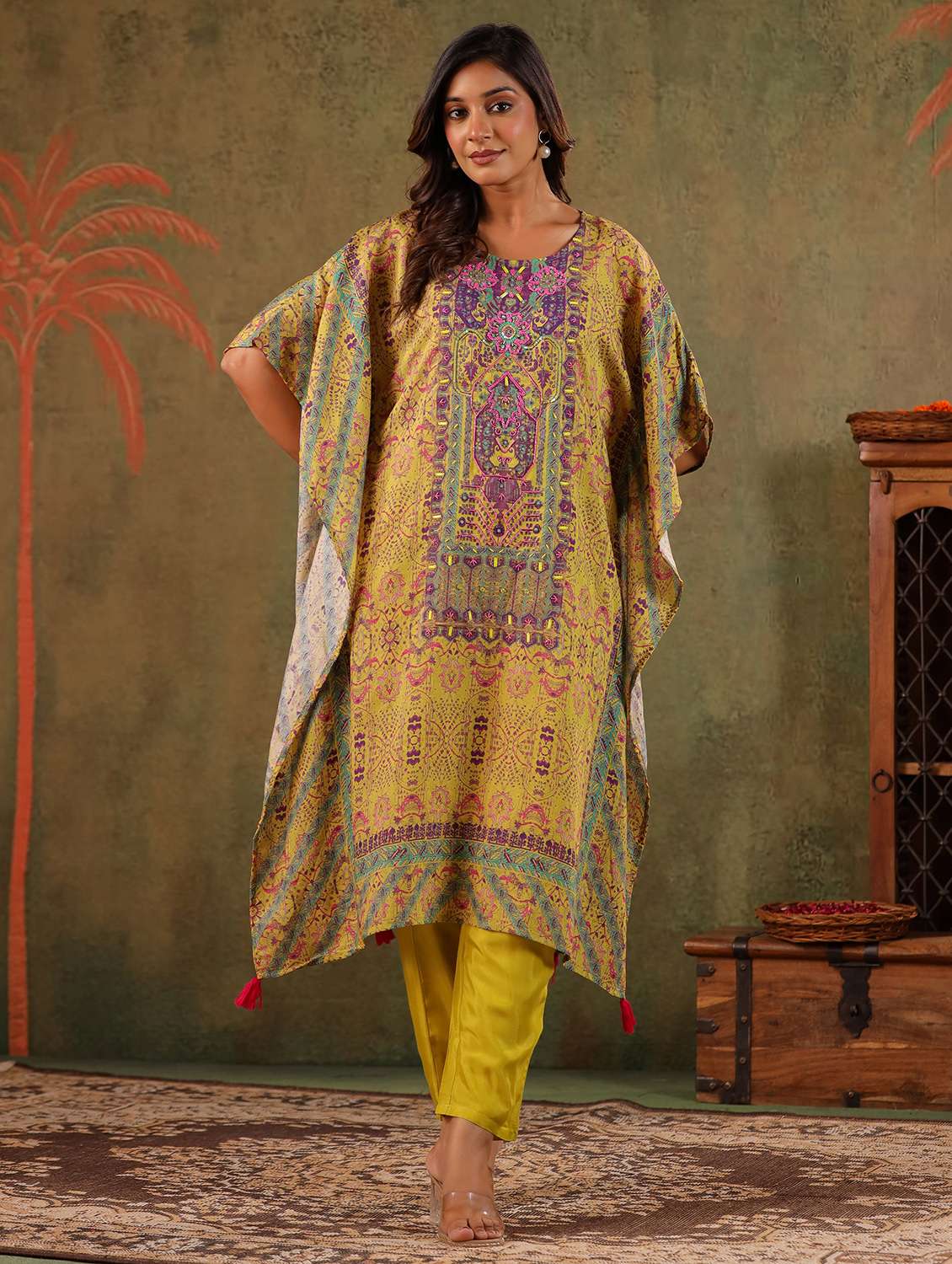 women printed kimono sleeve kaftan kurta with pant set - 22179004 -  Standard Image - 1