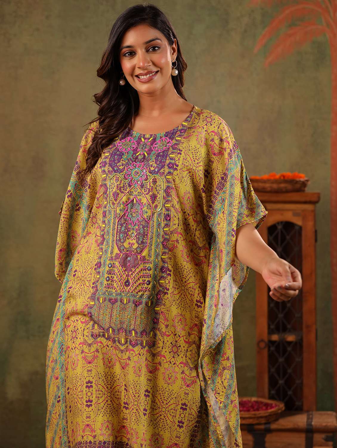 women printed kimono sleeve kaftan kurta with pant set - 22179004 -  Standard Image - 6