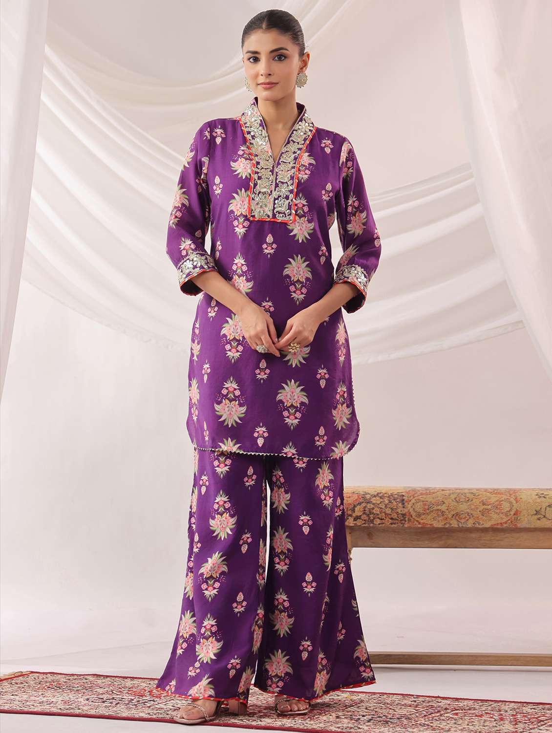 women floral printed three quarter sleeve kurta palazzo set
