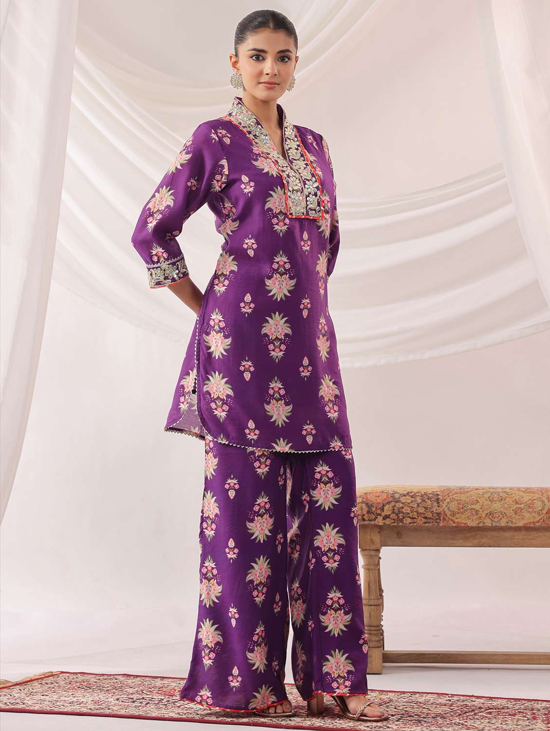 women floral printed three quarter sleeve kurta palazzo set - 22179005 -  Standard Image - 1