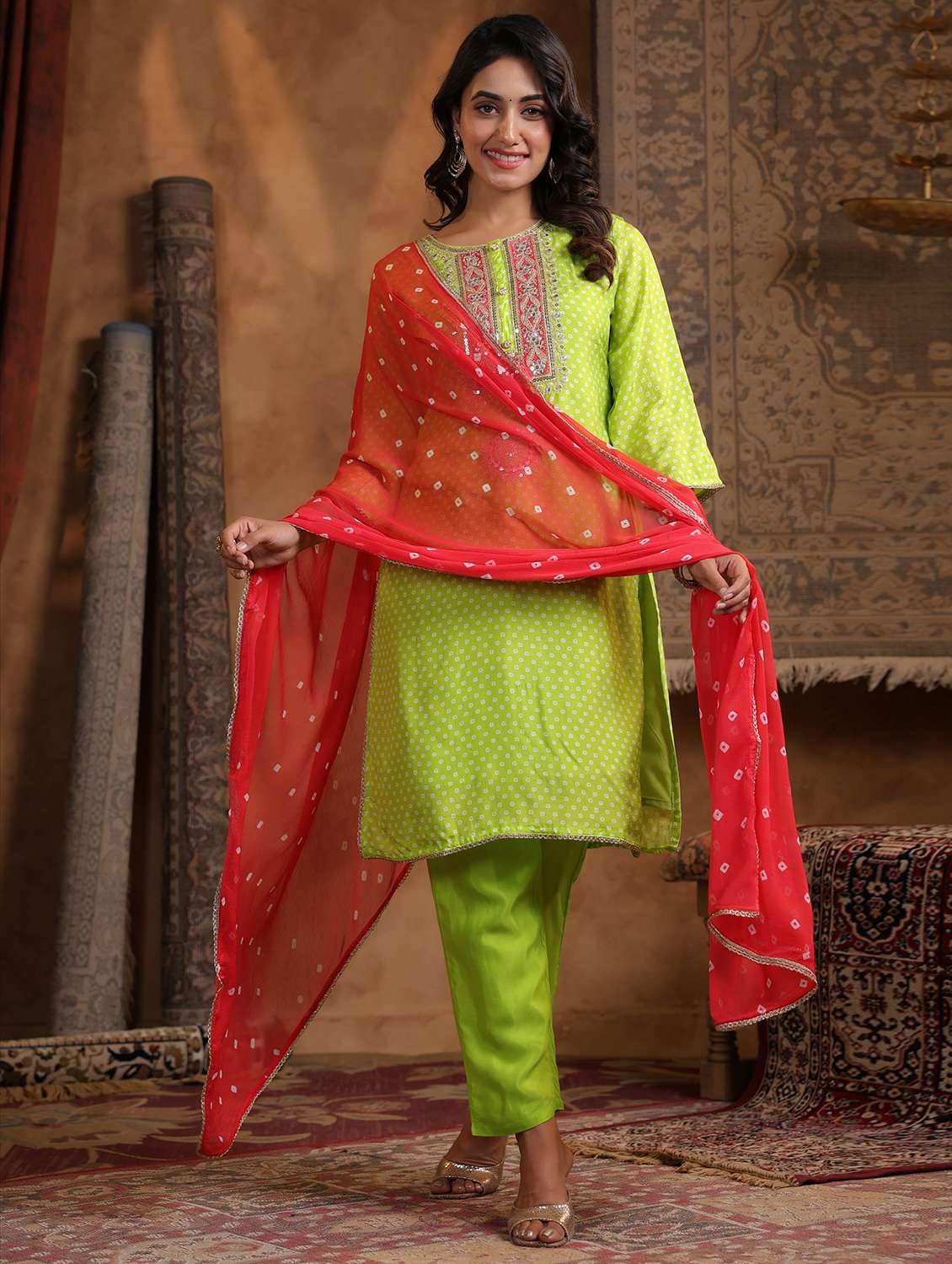 women bandhani three quarter sleeve kurta pant with dupatta set - 22179007 -  Standard Image - 1