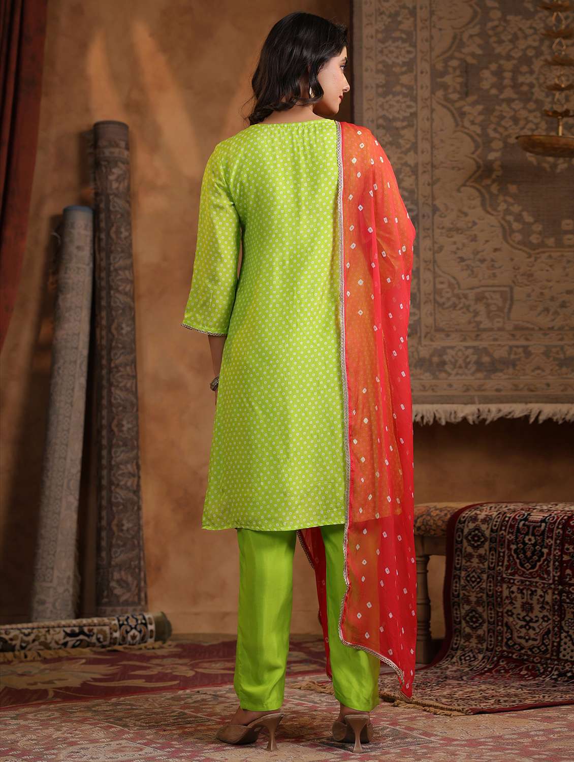 women bandhani three quarter sleeve kurta pant with dupatta set - 22179007 -  Standard Image - 4