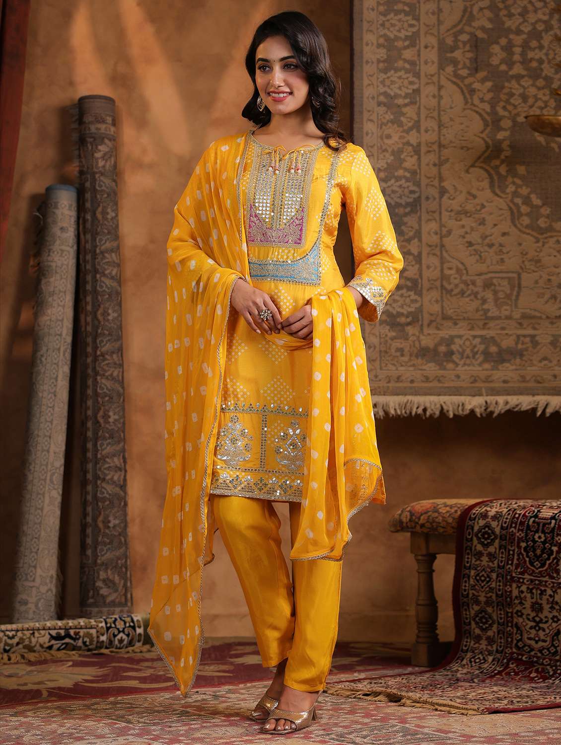 women bandhani three quarter sleeve kurta pant with dupatta set - 22179008 -  Standard Image - 1