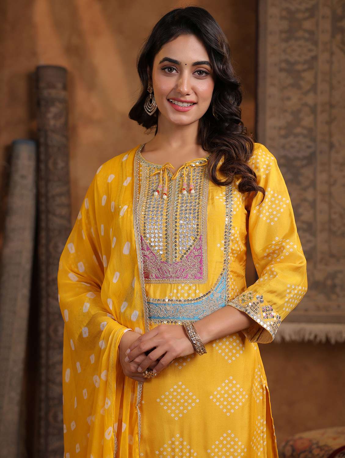 women bandhani three quarter sleeve kurta pant with dupatta set - 22179008 -  Standard Image - 6