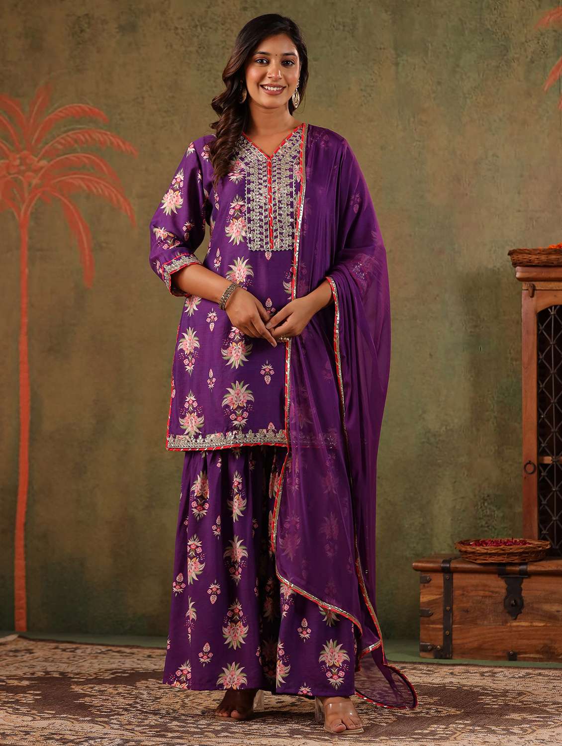 women floral three quarter sleeve kurta sharara with dupatta set