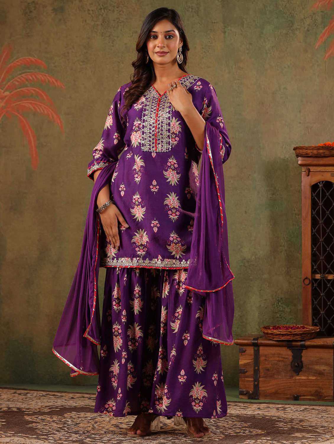 women floral three quarter sleeve kurta sharara with dupatta set - 22179009 -  Standard Image - 1