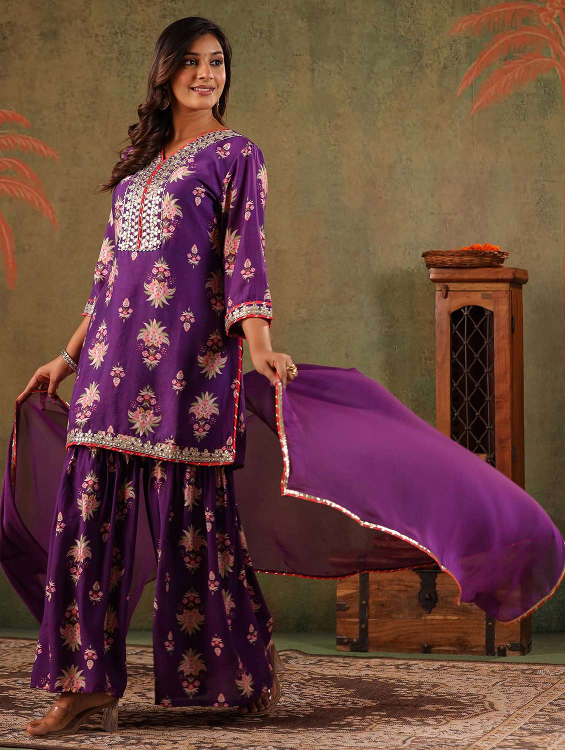 women floral three quarter sleeve kurta sharara with dupatta set - 22179009 -  Standard Image - 4