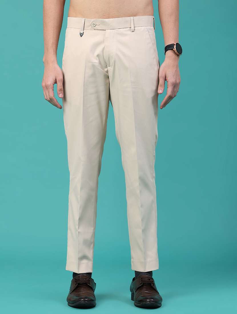 men solid mid rise formal pants