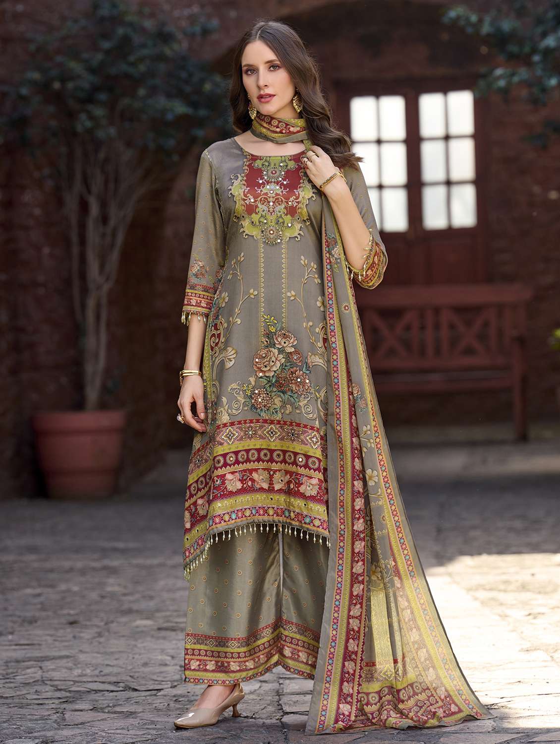 women printed three quarter sleeve kurta palazzo with dupatta set - 22179938 -  Standard Image - 1