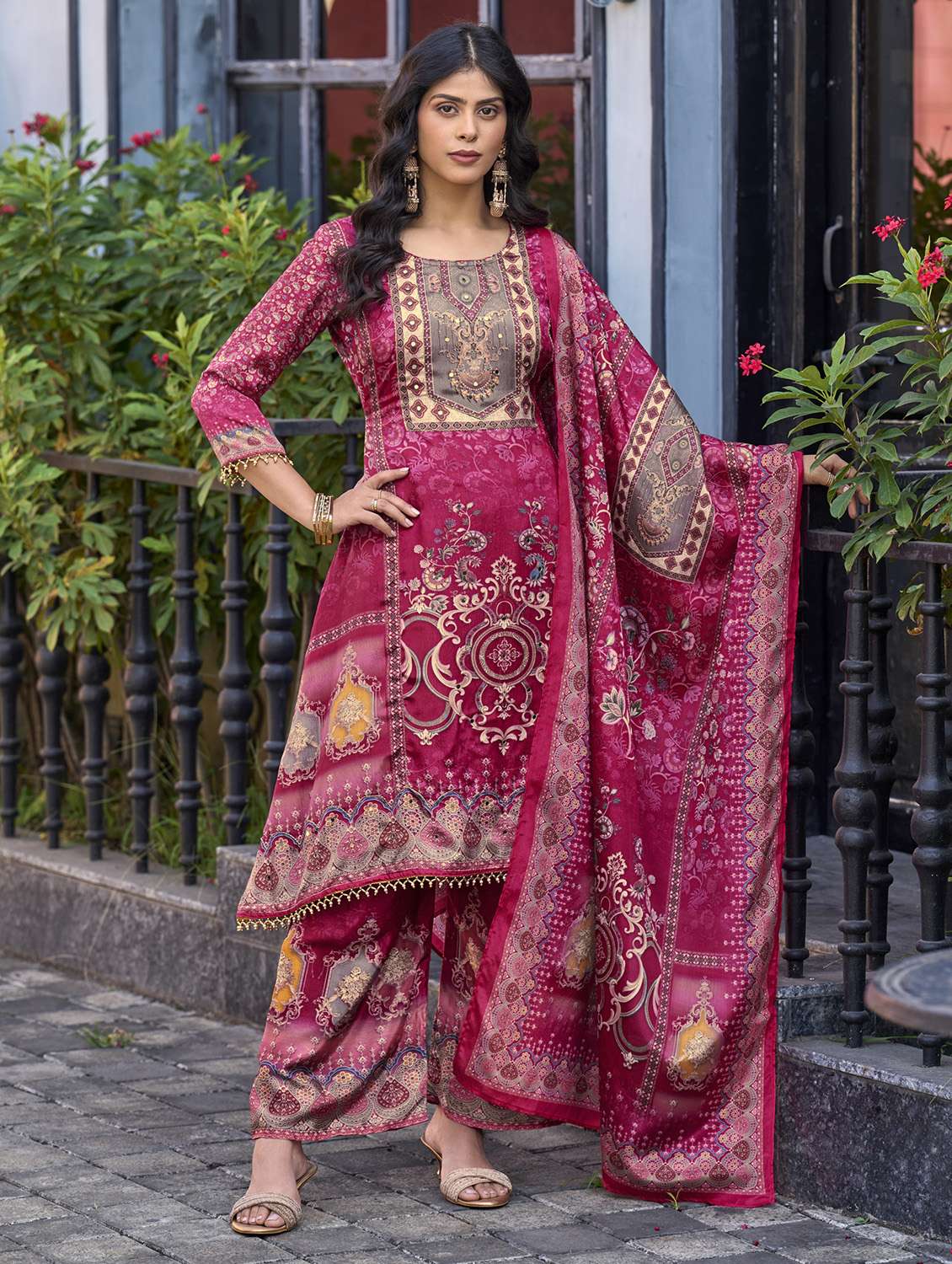 women printed three quarter sleeve kurta palazzo with dupatta set - 22179939 -  Standard Image - 1