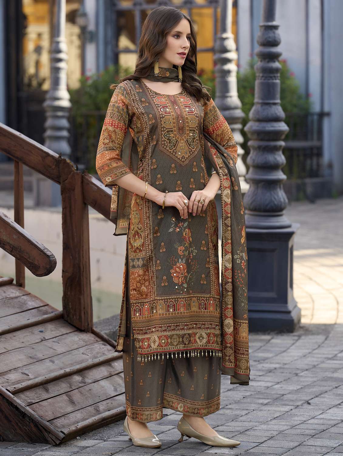 women printed three quarter sleeve kurta palazzo with dupatta set - 22179940 -  Standard Image - 1