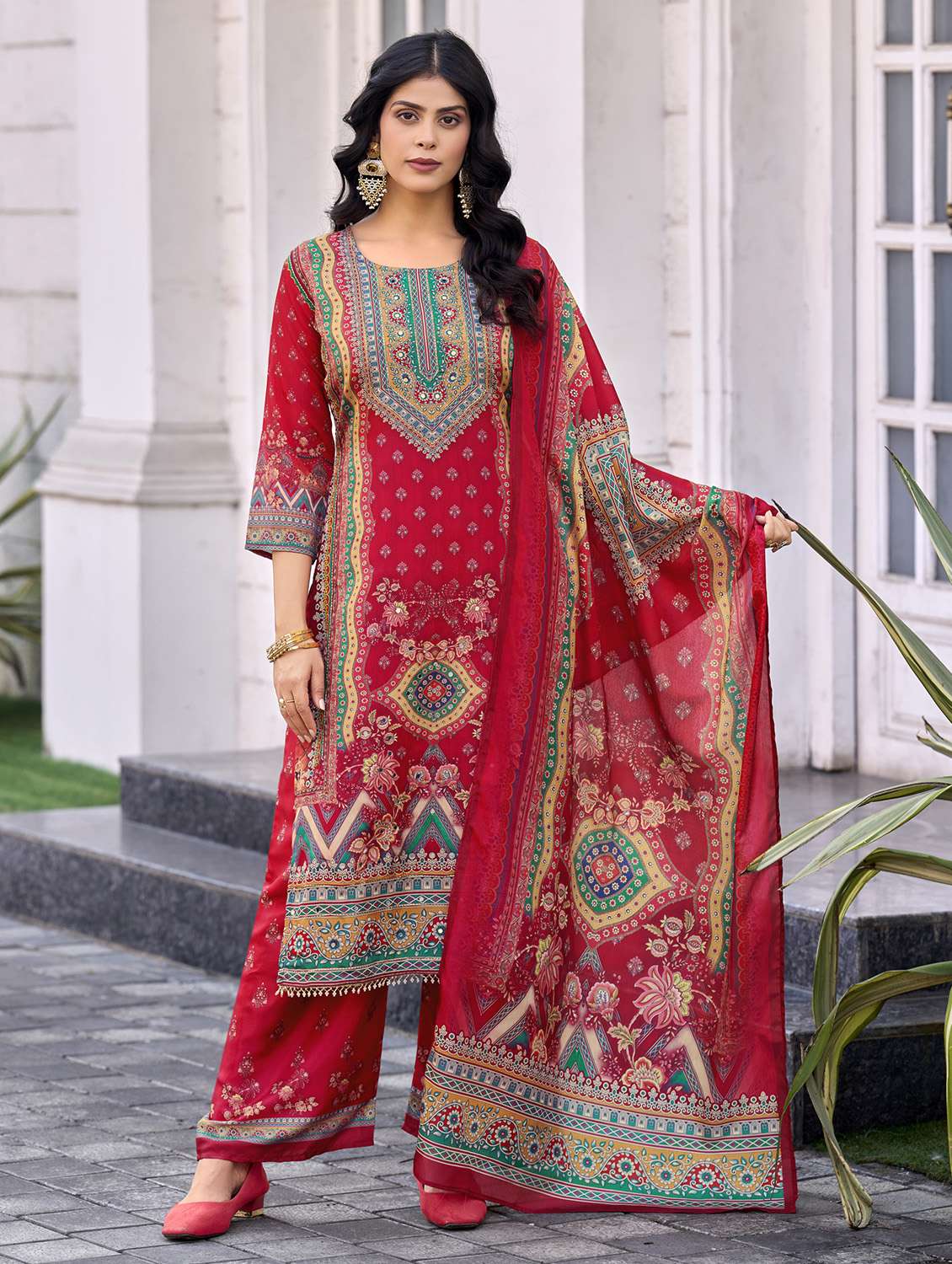 women printed three quarter sleeve kurta palazzo with dupatta set - 22179941 -  Standard Image - 1