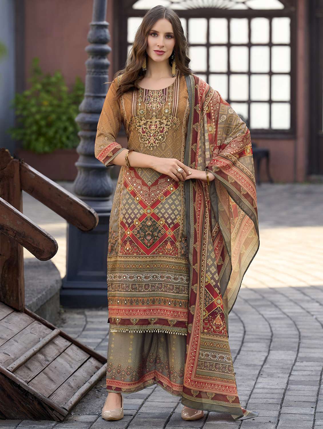 women printed three quarter sleeve kurta palazzo with dupatta set - 22179942 -  Standard Image - 1