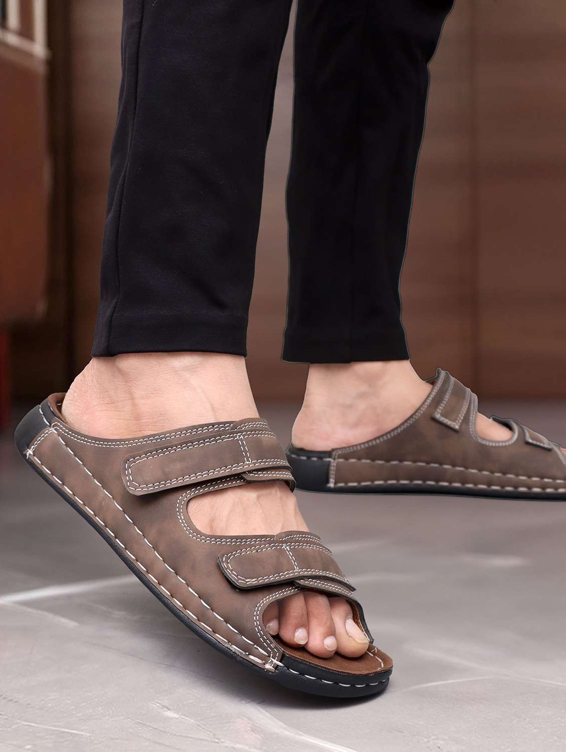 men brown slip on sandal - 22179973 -  Standard Image - 1