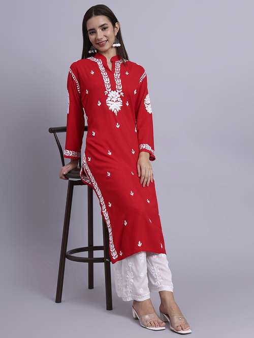 women solid with work long chikankari straight kurta - 22179988 -  Standard Image - 0