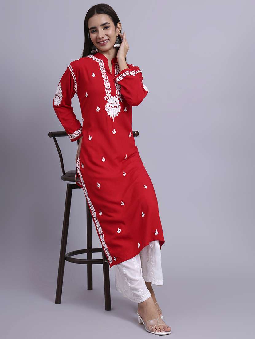 women solid with work long chikankari straight kurta - 22179988 -  Standard Image - 1