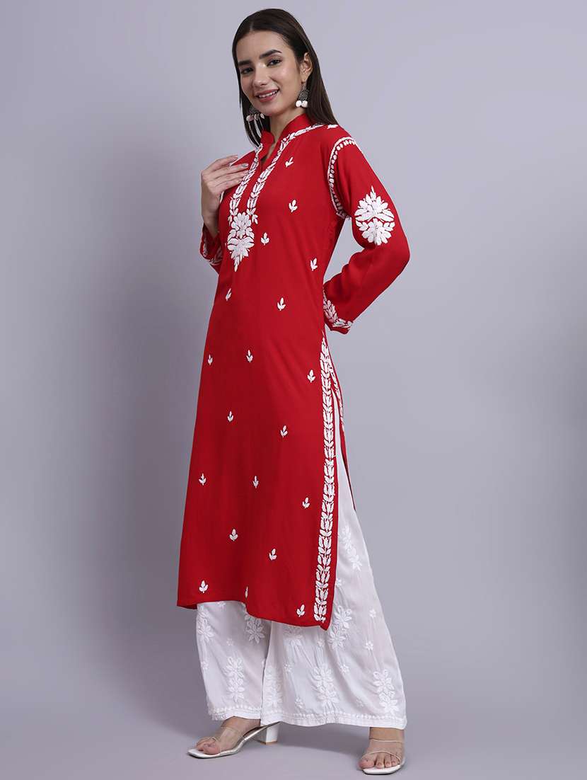 women solid with work long chikankari straight kurta - 22179988 -  Standard Image - 4