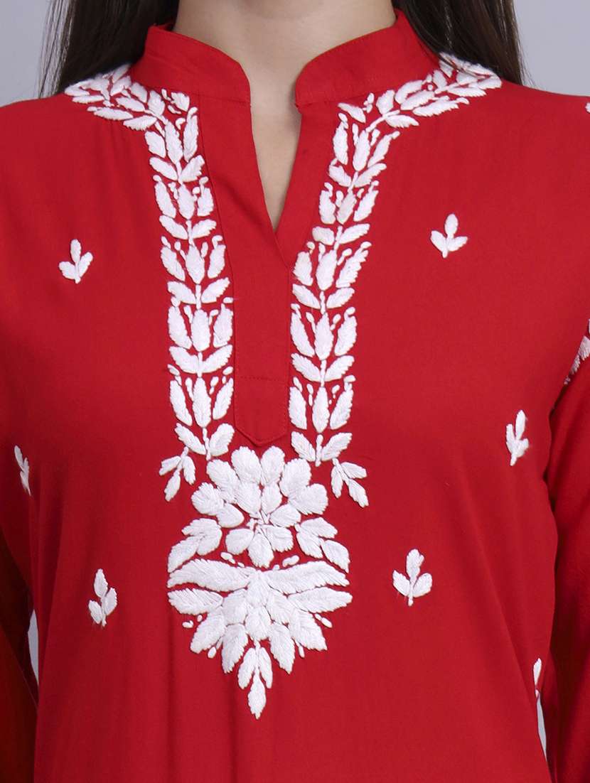 women solid with work long chikankari straight kurta - 22179988 -  Standard Image - 6