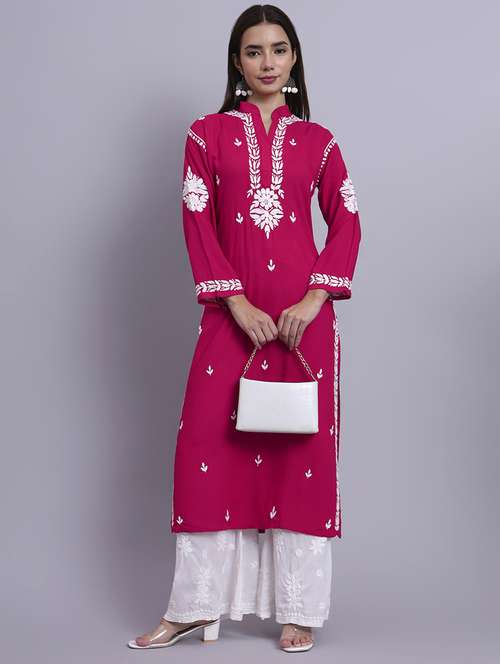 women solid with work long chikankari straight kurta - 22179989 -  Standard Image - 0