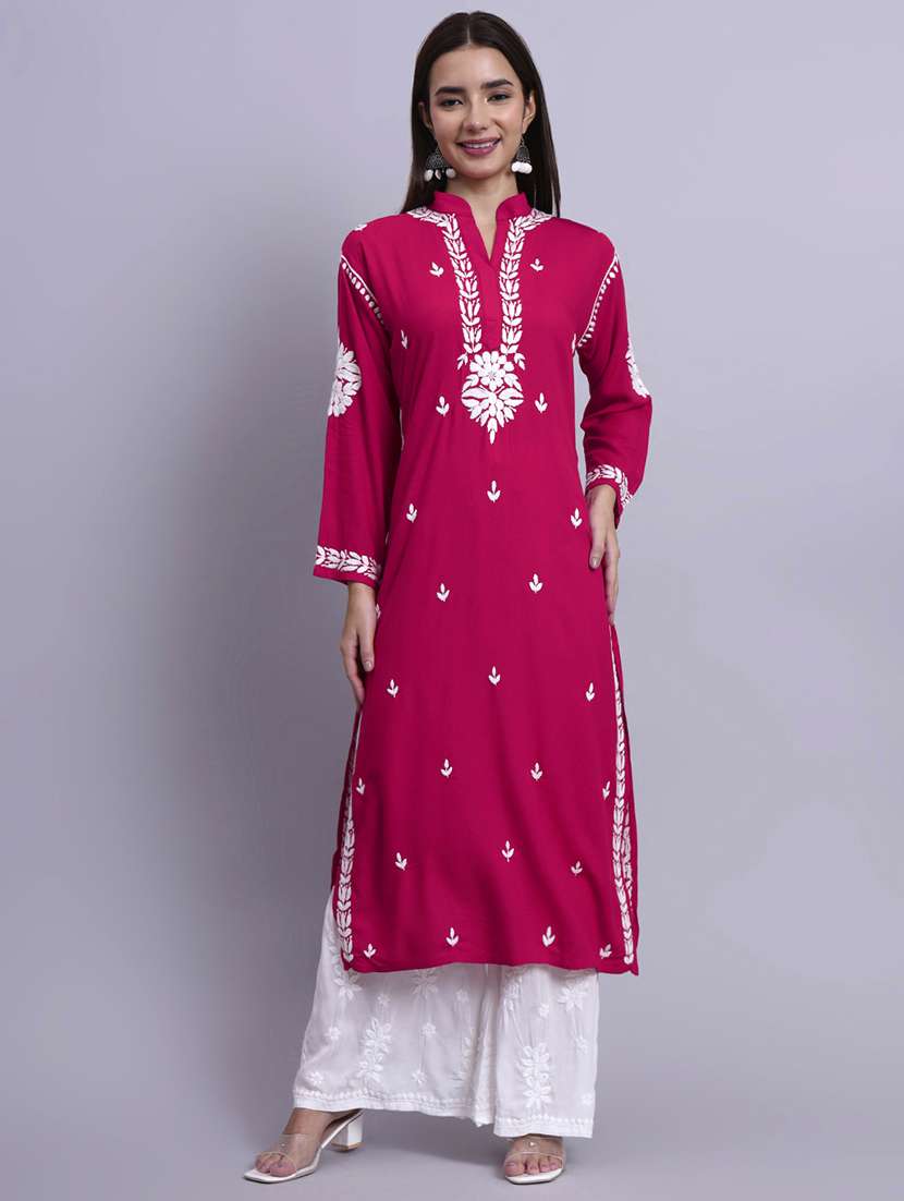 women solid with work long chikankari straight kurta - 22179989 -  Standard Image - 1