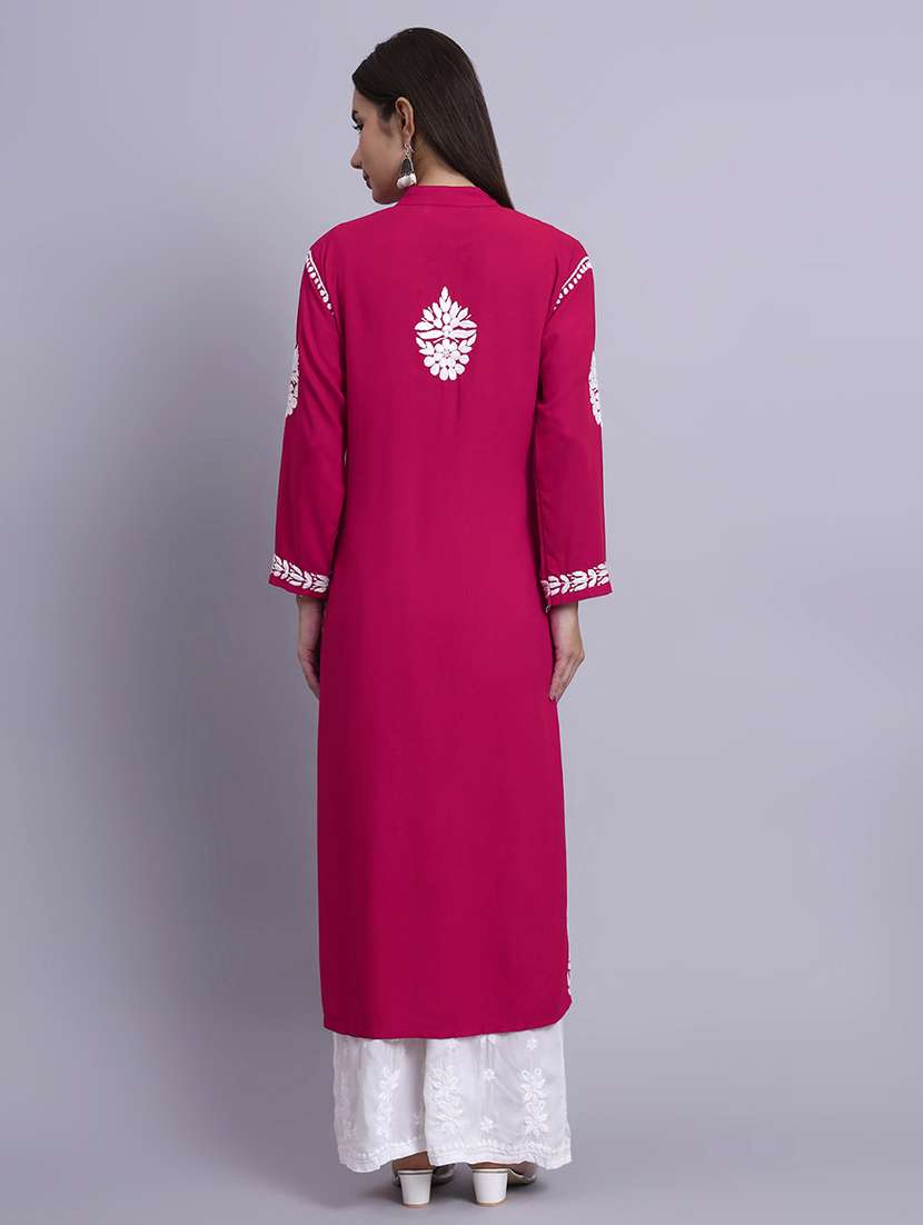 women solid with work long chikankari straight kurta - 22179989 -  Standard Image - 4