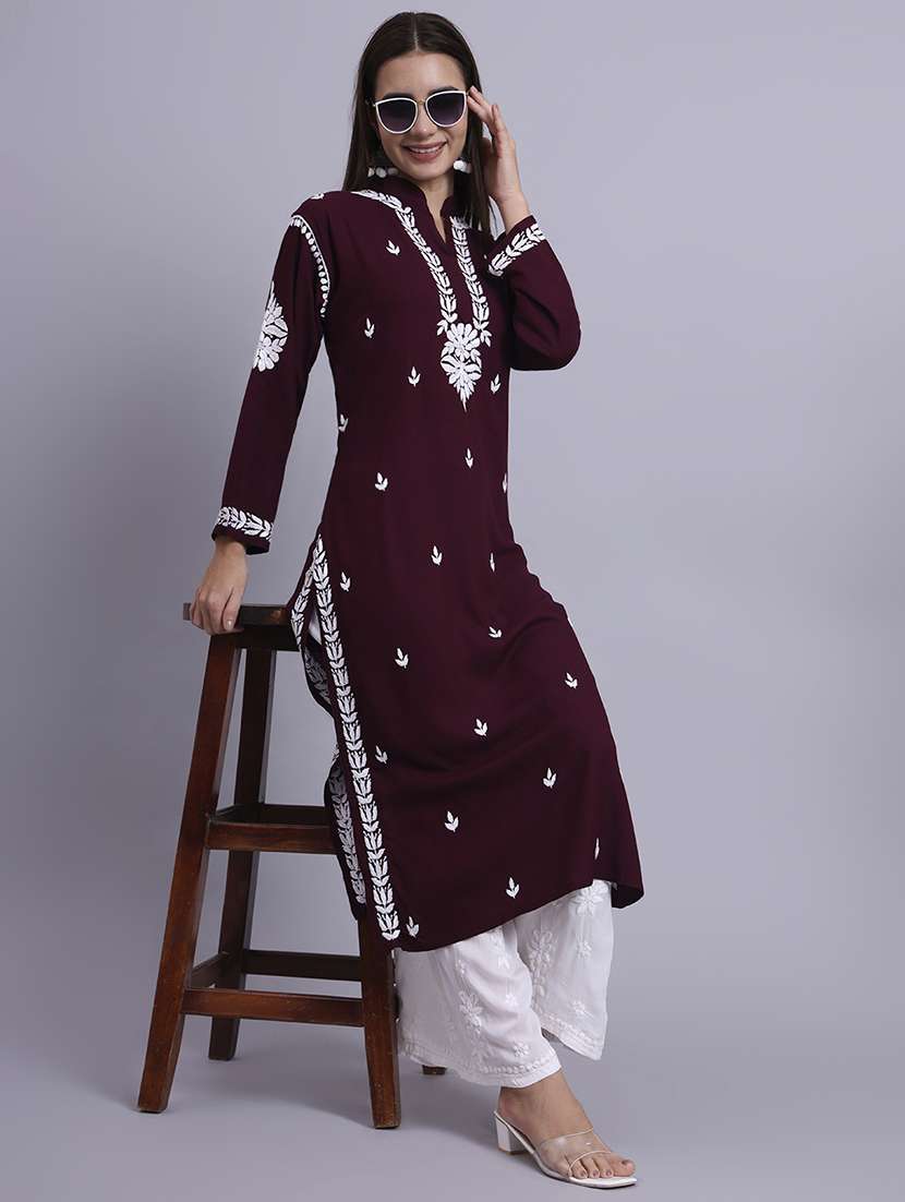 women solid with work long chikankari straight kurta
