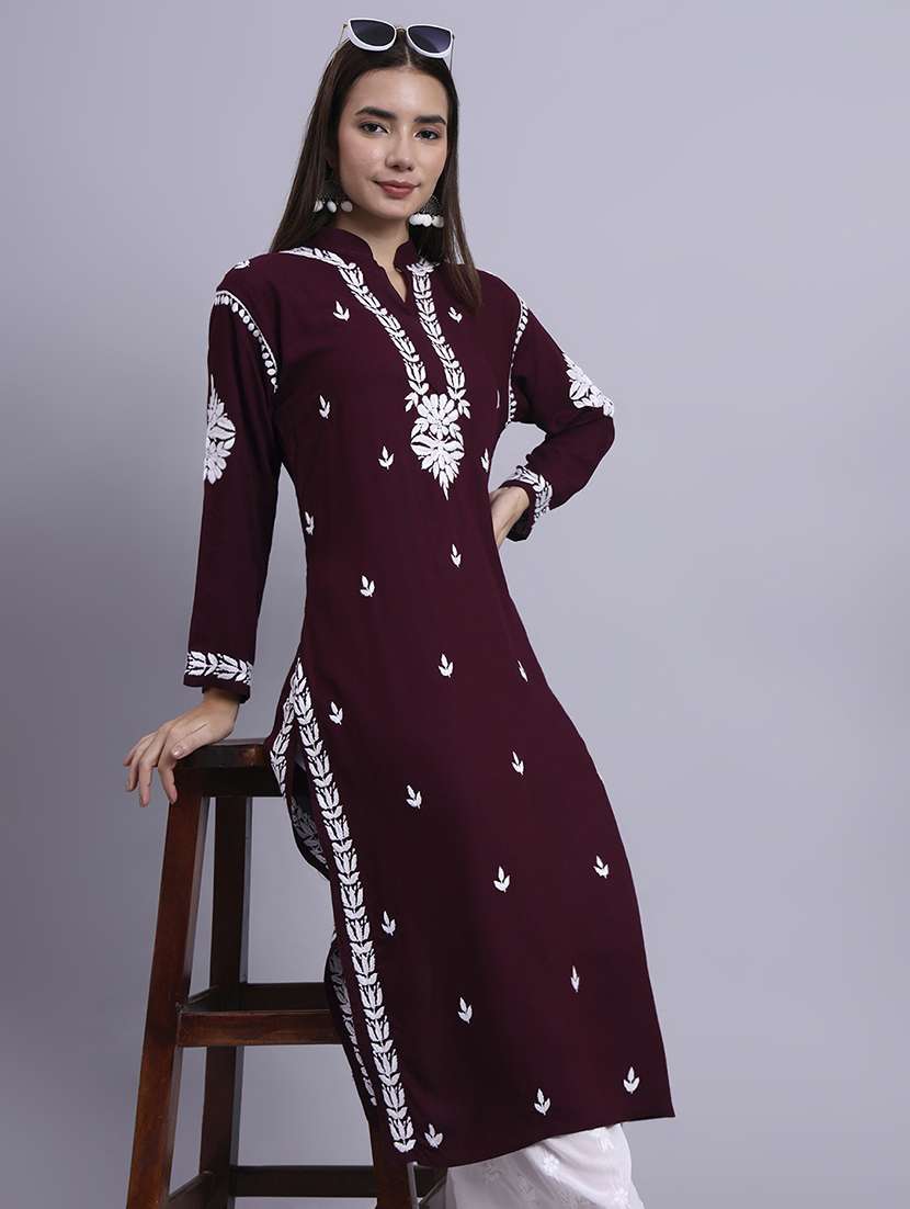 women solid with work long chikankari straight kurta - 22179990 -  Standard Image - 1