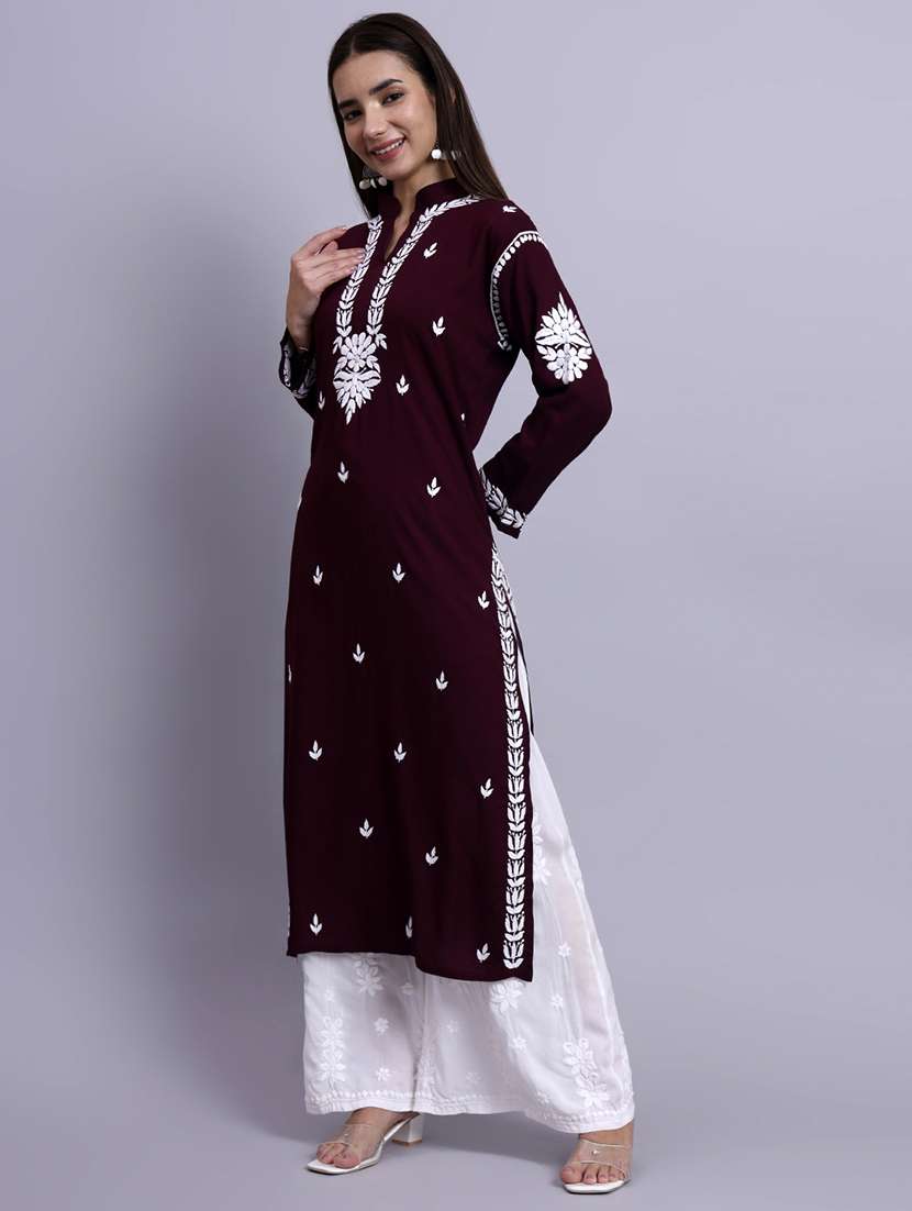 women solid with work long chikankari straight kurta - 22179990 -  Standard Image - 4