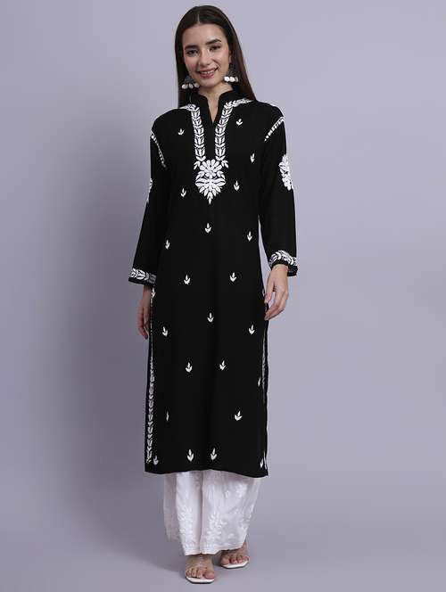 women solid with work long sleeve chikankari straight kurta - 22179992 -  Standard Image - 0