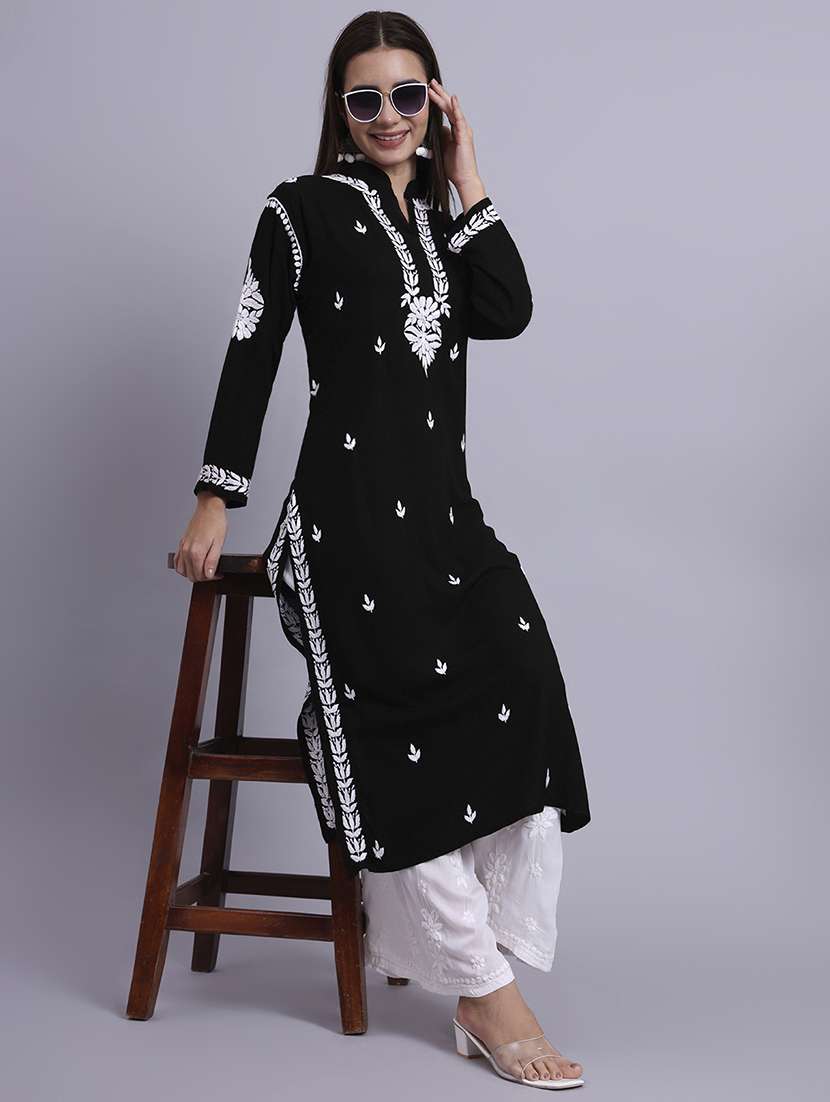 women solid with work long sleeve chikankari straight kurta - 22179992 -  Standard Image - 1