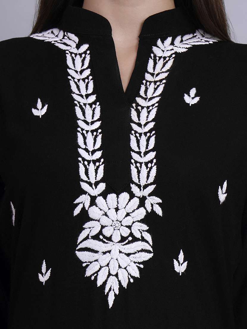 women solid with work long sleeve chikankari straight kurta - 22179992 -  Standard Image - 4