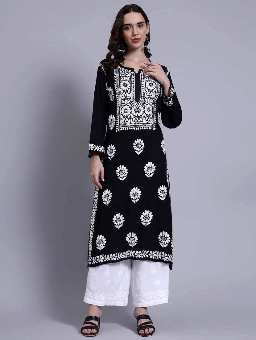 women solid with work long sleeve chikankari straight kurta - 22179993 -  Standard Image - 1