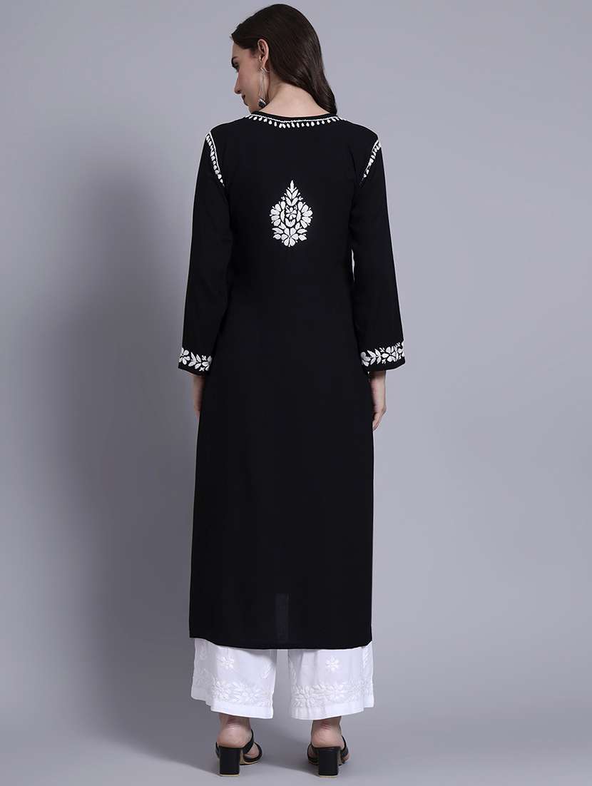 women solid with work long sleeve chikankari straight kurta - 22179993 -  Standard Image - 4