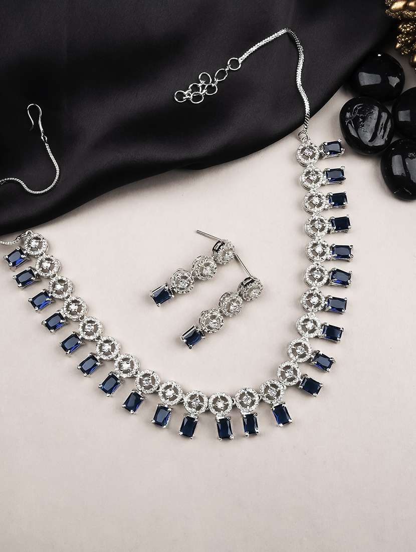 silver plated blue square ad necklace set