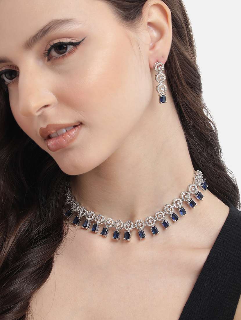 silver plated blue square ad necklace set - 22180006 -  Standard Image - 1