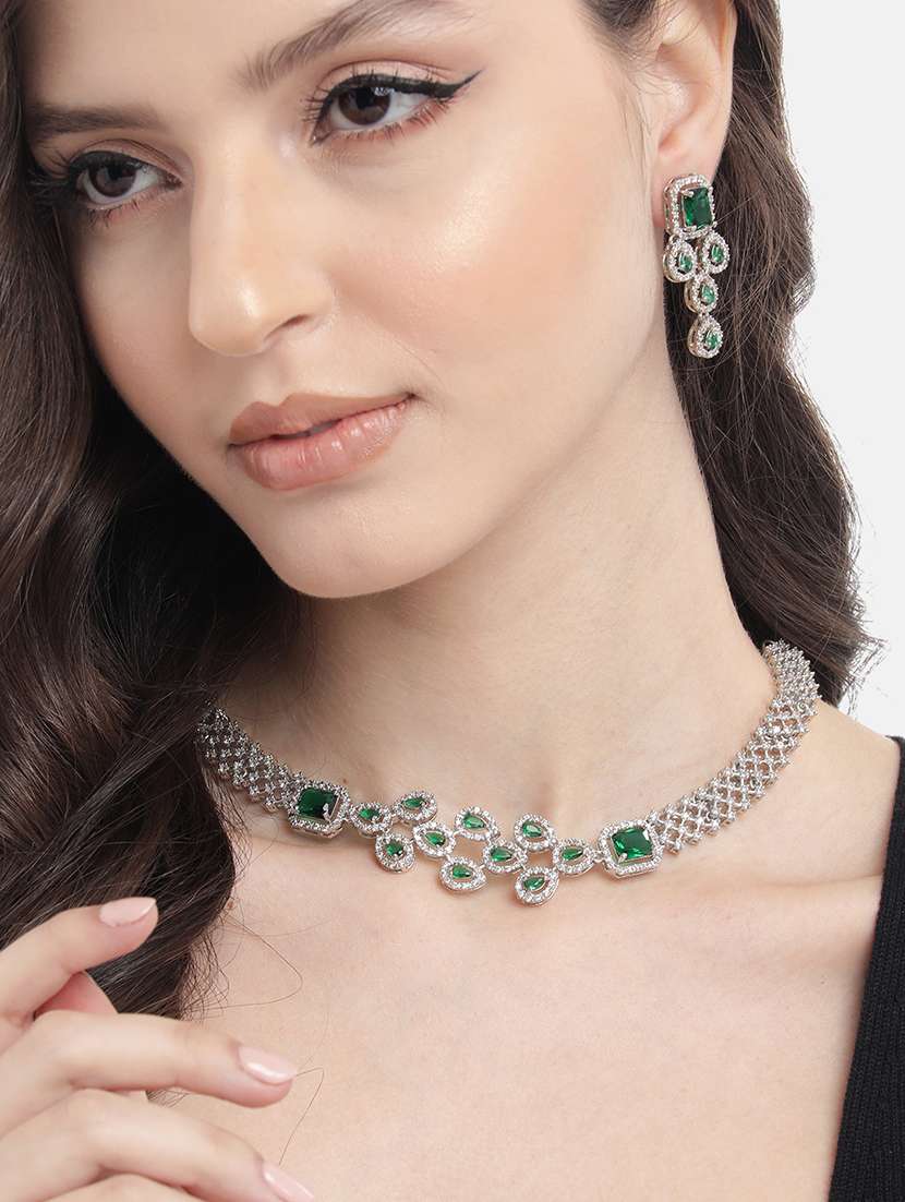 green ad studded leaf necklace set - 22180010 -  Standard Image - 1