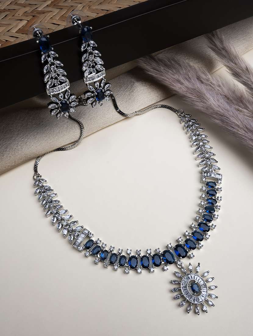 silver plated american diamond studded dual blue necklace set