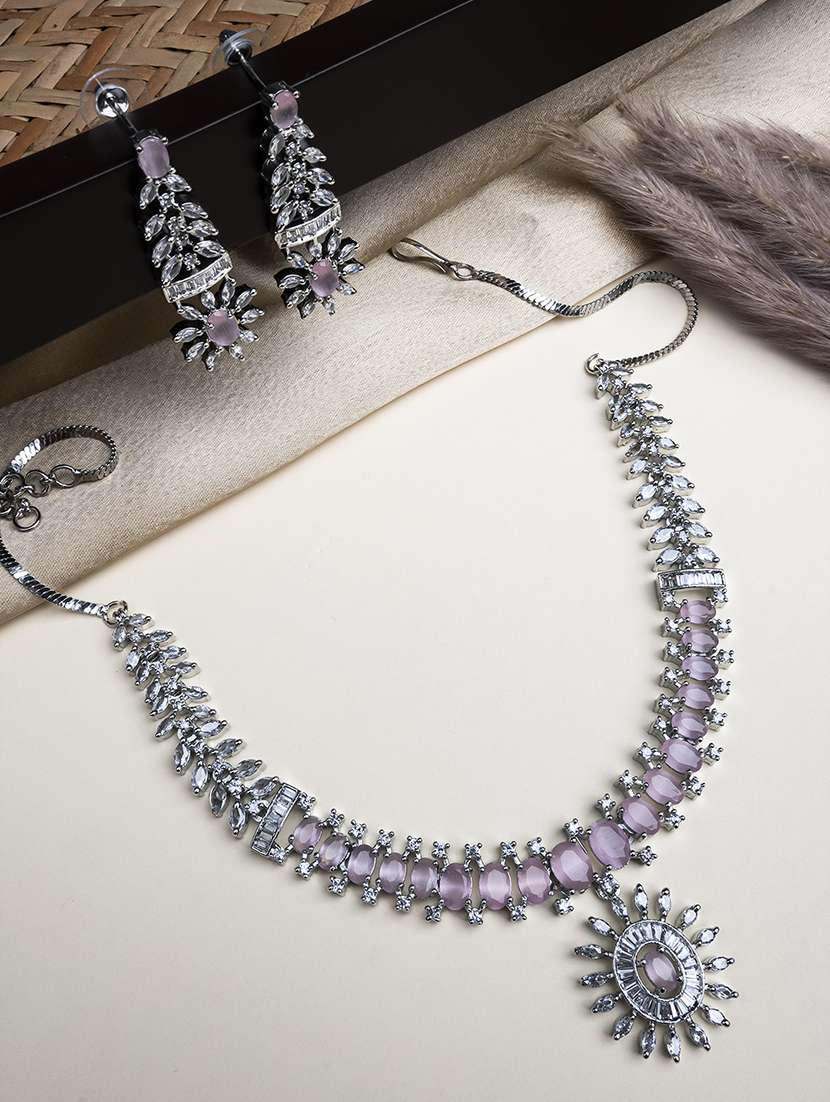 silver plated american diamond studded dual pink necklace set