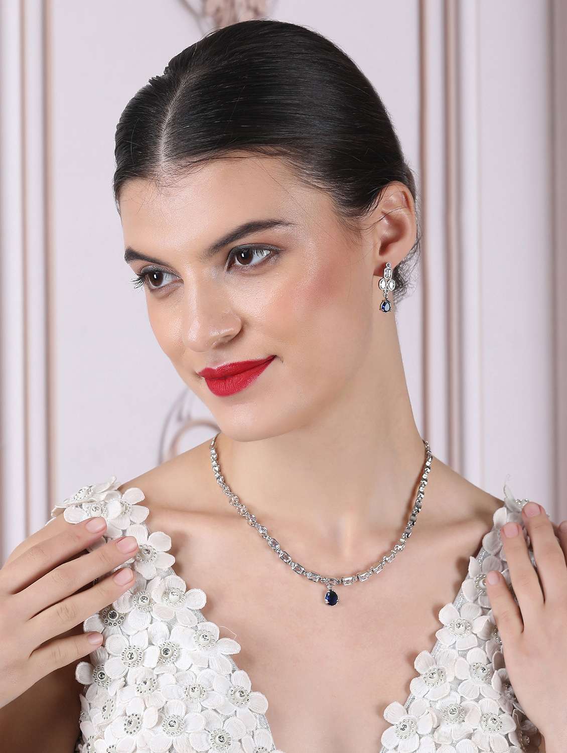 trendy silver plated blue american diamond necklace set - 22180021 -  Standard Image - 1