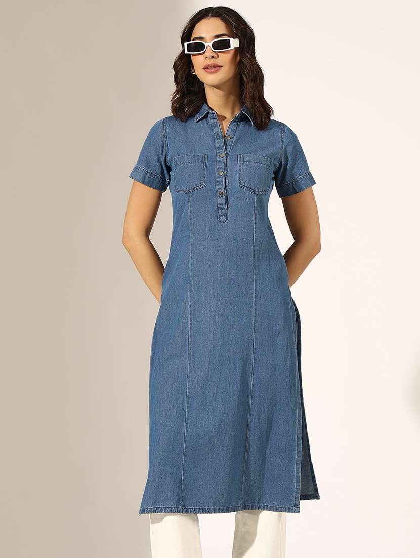women solid short sleeve straight kurta
