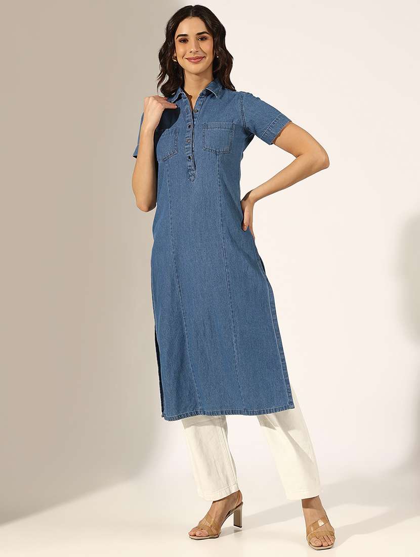 women solid short sleeve straight kurta - 22180024 -  Standard Image - 1