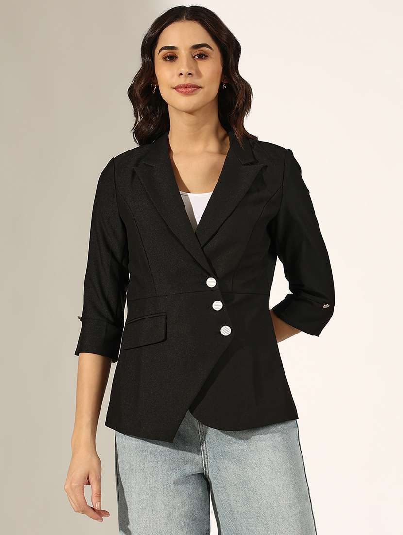women solid three quarter sleeve double breasted blazer - 22180027 -  Standard Image - 1