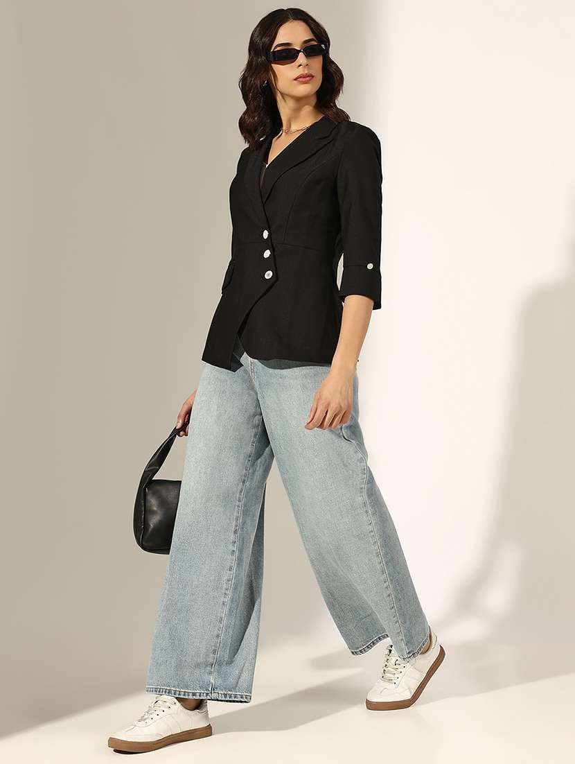 women solid three quarter sleeve double breasted blazer - 22180027 -  Standard Image - 4