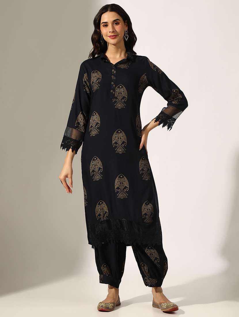 women printed three quarter sleeve kurta salwar set - 22180039 -  Standard Image - 1